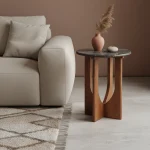 Wooden round sidetable w/black marine marble top