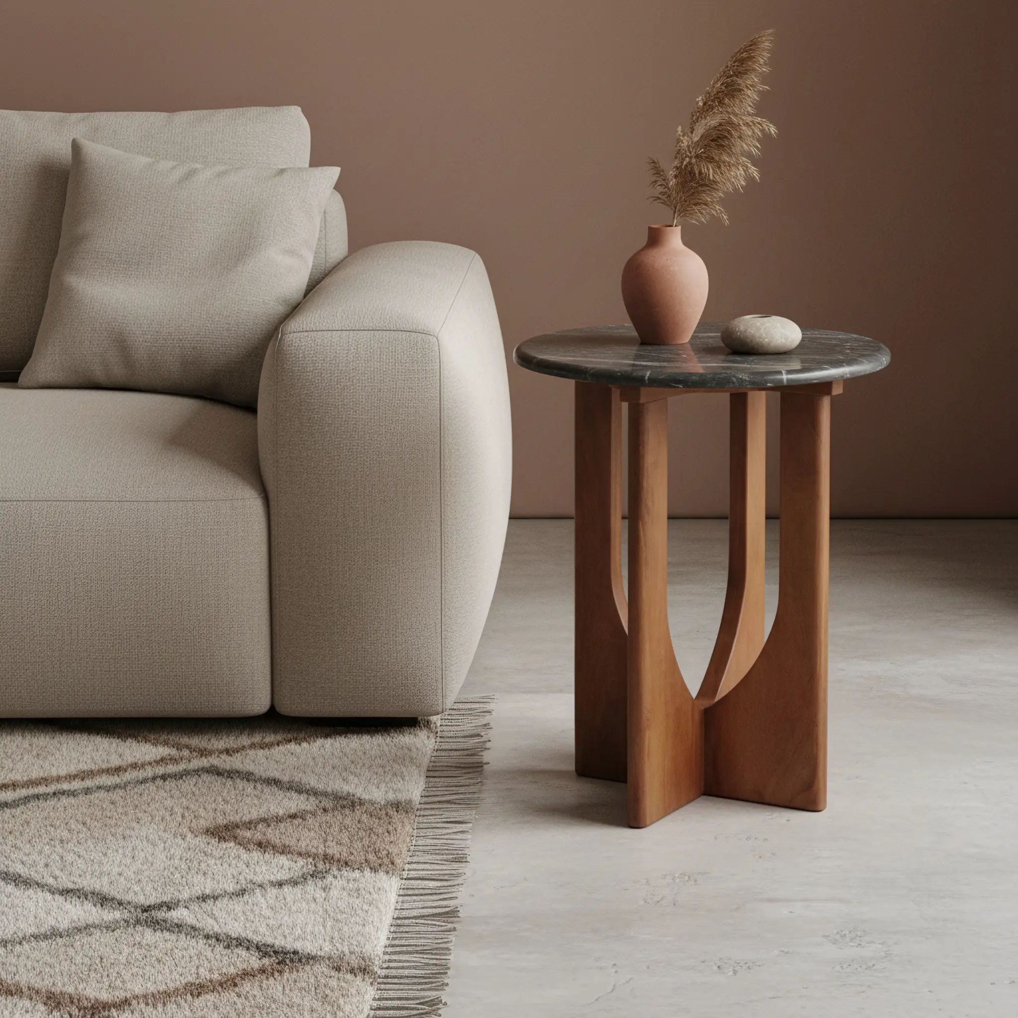 TAST00181_1-1 Wooden round sidetable w/black marine marble top - Image 1