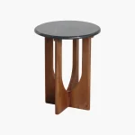 Wooden round sidetable w/black marine marble top - Image 2