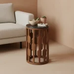 Wooden round sidetable w/black marine marble top