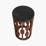 Wooden round sidetable w/black marine marble top - Image 3