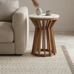 Wooden round sidetable w/banswara white marble top
