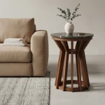 Wooden round sidetable w/black marine marble top