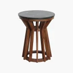 Wooden round sidetable w/black marine marble top - Image 2