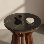 Wooden round sidetable w/black marine marble top - Image 6