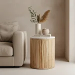 Wooden round sidetable w/banswara white marble top