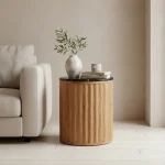 Wooden round sidetable w/black marine marble top